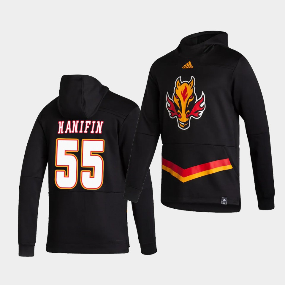 Men Calgary Flames #55 Hanifin Black NHL 2021 Adidas Pullover Hoodie Jersey